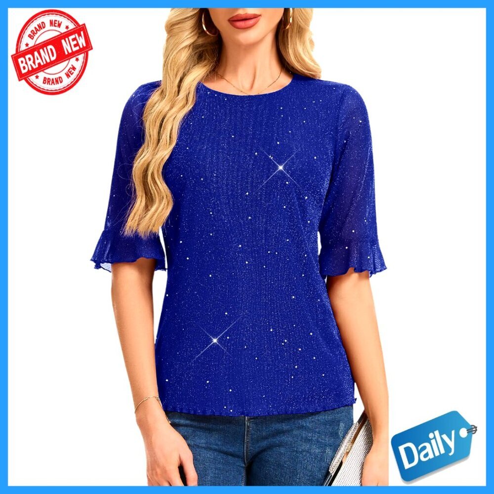 Sparkle Mesh Top 3/4 Bell Sleeves Elegant Evening Party Wear Glitter Blouse